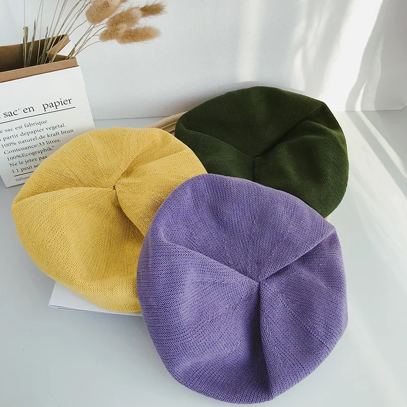 

Spring Summer Women Knit Berets Ladies Solid Flat Cap Fashion Crochet French Caps Stars Painter Hat Wholesale