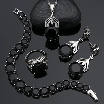 

Punk Style Jewelry Black Cubic Zirconia 925 Silver Jewelry Set for Women's Party Earrings Necklace Pendant Ring Bracelet