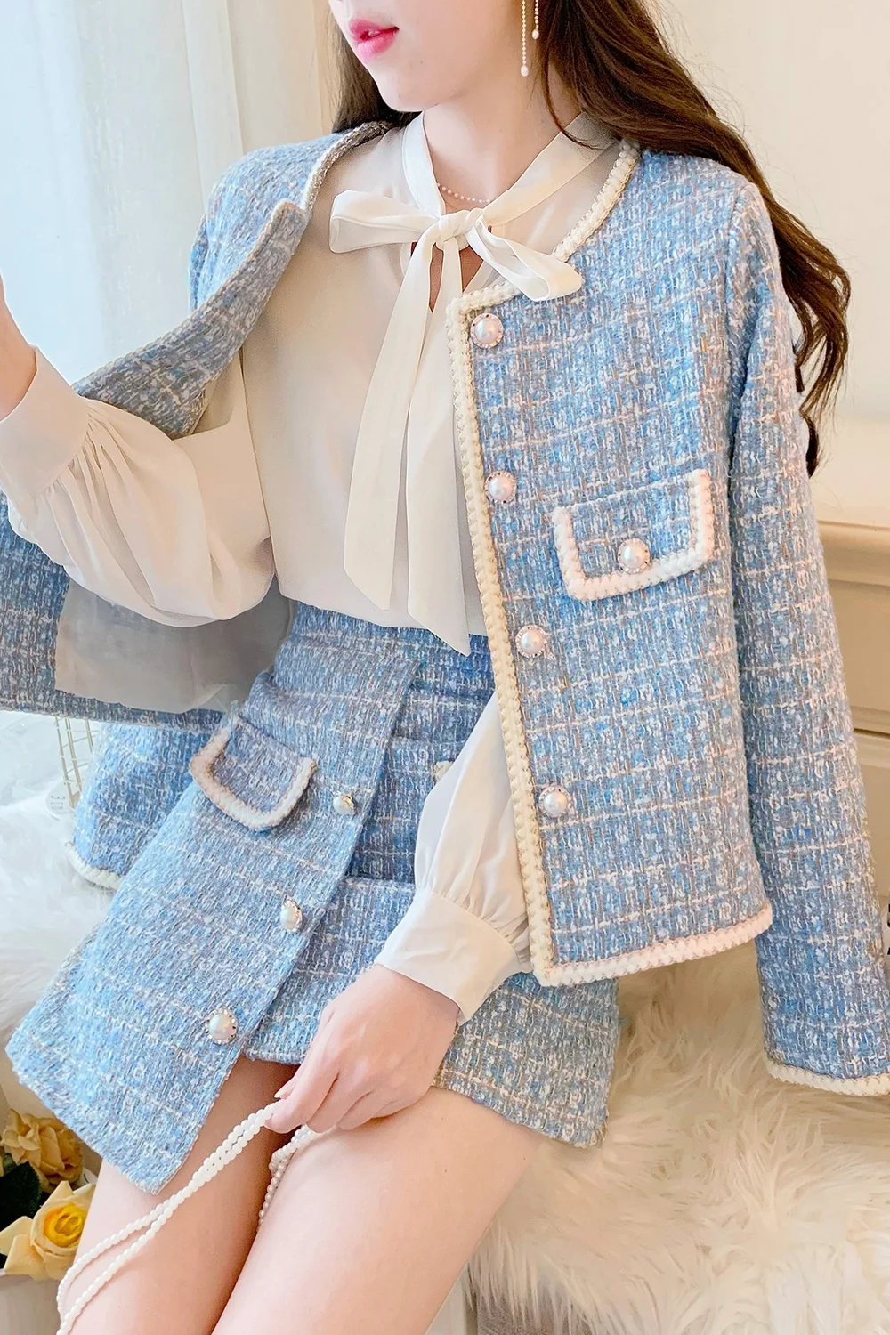 スーツ Doublic Tweed Crop Jacket + Skirt Suit Set Tweed Cropped Blazer Skirt Set | Women Tweed Suit Skirt
