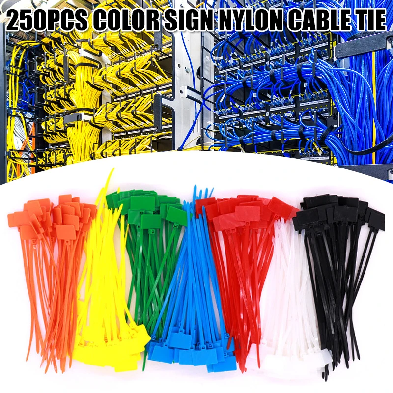 250pcs Color Nylon Cable Ties Self-locking Cord Tags Marker Labels Write On  Ethernet Wire Zip Ties Power Marking Labels Tie Down