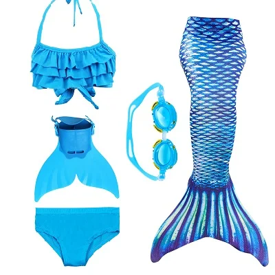 Blue 38 set 2 Детский купальный костюм с хвостом русалки для девочек, купальный костюм русалки, купальный костюм, можно добавить монофонический плавник, очки с гирляндой - Цвет: Blue 38 set 2