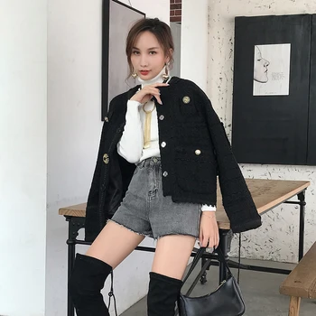 

women 2019 autumn winter celebrity vintage black tweed coats lace patchwork buttons o-neck loose short weave jackets y415
