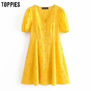 

summer white yellow cotton mini dresses hollow out embroidered summer dress short sleeve v-neck vestidos
