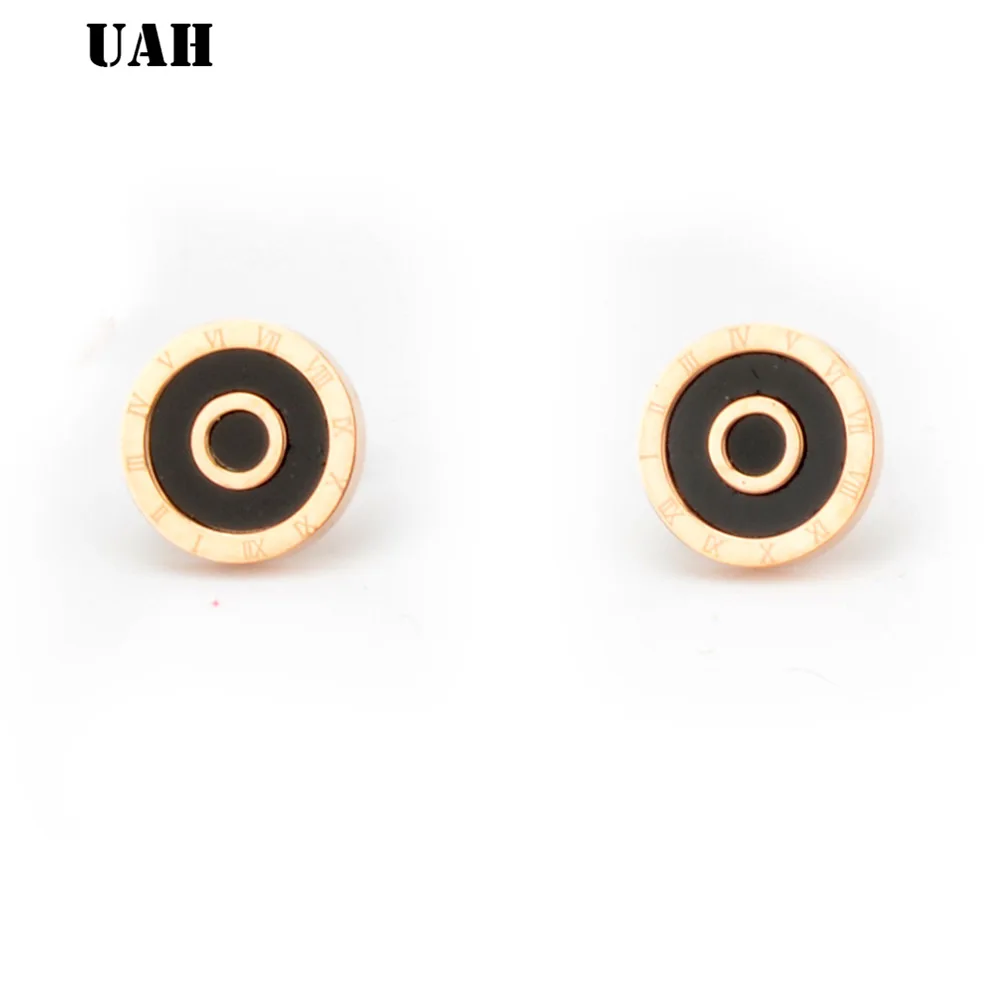 UAH Stainless Steel Rose Gold Small Stud Earrings for Women Jewelry Fashion Roman Numerals Earring Pendientes | Украшения и