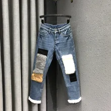 Плюс вельветовые толстые джинсы женские трендовые европейские зима новые свободные тонкие кроличьи волосы патч прямые брюки