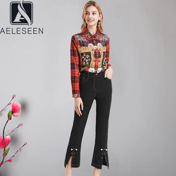 

AELESEEN Runway Fashion Women Sets 2020 Spring Autumn Designer Plaid Flower Print Beading Shirts+Black Loose Pants Office Sets