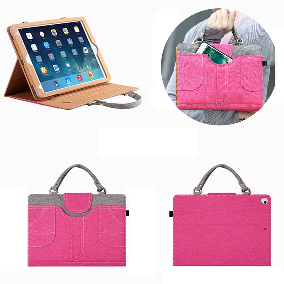 For Ipad 234 Portable Handbag Leather Case Denim Clamshell Multi-Angle Support Mini Smart Flip Case