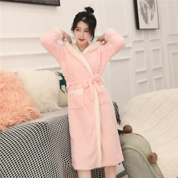 

Female Winter Warm Sleepwear Print Rabbit Robe White Nightwear Kimono Bathrobe Gown Full Sleeve Homg Dressing Clothing