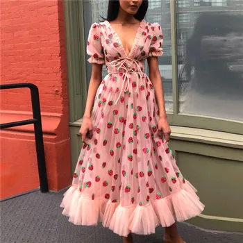 

Cute Strawberry Embroidery Party Dress Pink Mesh Womens Lolita Dress 2020 Summer Double V Neck Lace Up Tunic Long Dress Vestidos