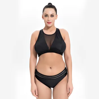

2019 sexy solid color gauze high waist increase fertilizer enlarge code swimming suit woman two-piece suit monokini swimming