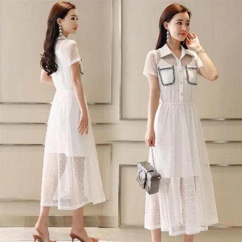 

Lace Dress Women's 2019 Summer New Style Elegant Hollow out Corset Slim Fit Slimming Mid-length Two-Piece Skirt