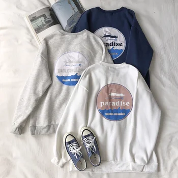 

Mooirue Spring Women Sweathshirt Fish Printed Gray White Blue Boyfriend Pullovers Tops
