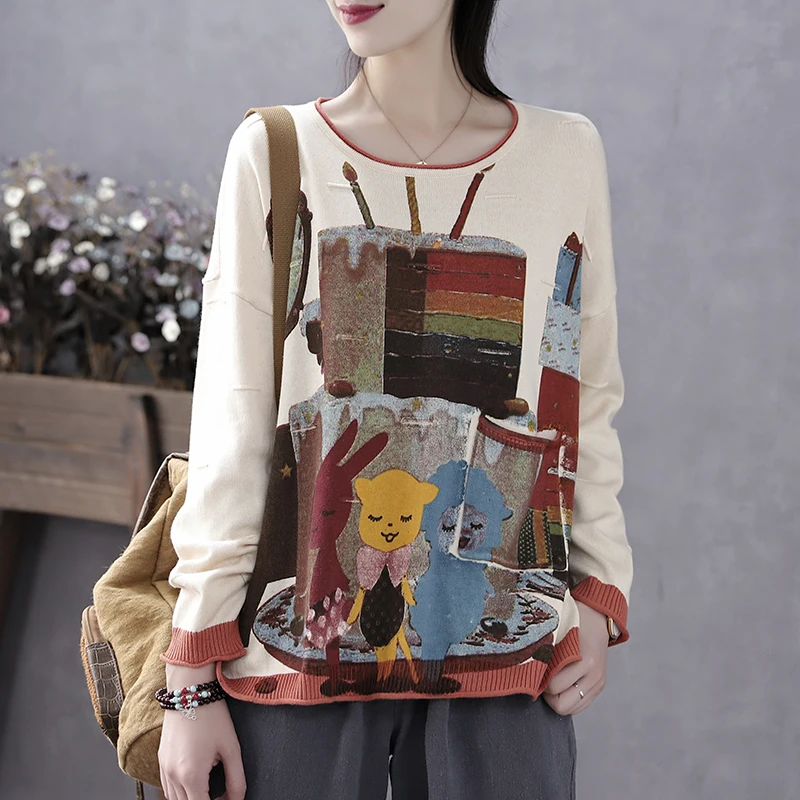 

QPFJQD Vintage Literary Loose Cartoon Printing Women Sweaters Spring Autumn Ladies Long Sleeve O Neck Pocket Knitting Pullovers
