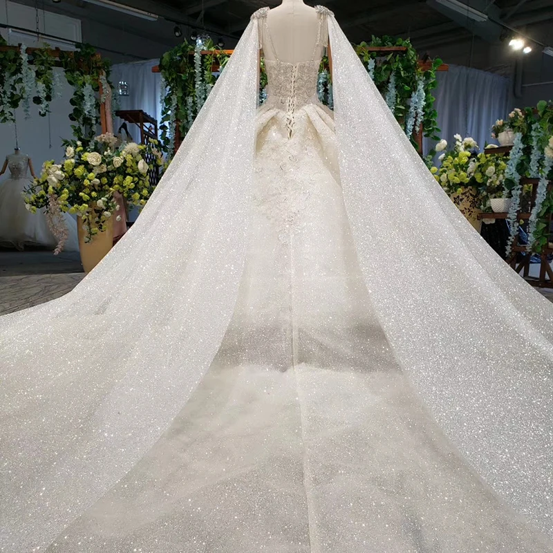 HTL973 ball gown wedding dresses detachable sleeve shawl o-neck bow belt bead wedding gowns with tail glitter robe mariage femme