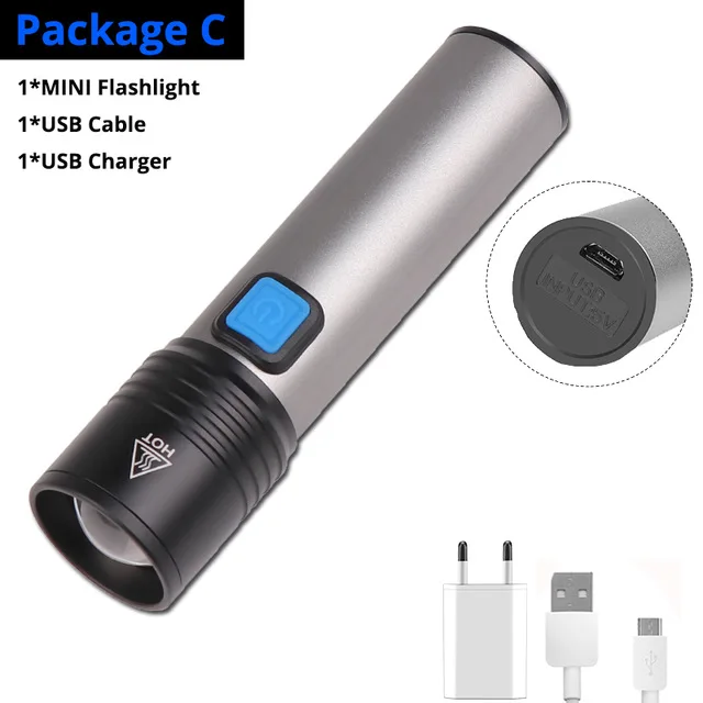 USB Перезаряжаемый T6 светодиодный светильник-вспышка, портативный Встроенный литиевый аккумулятор 1200 мАч, водонепроницаемый походный светильник, масштабируемый фонарь, выход - Испускаемый цвет: Package C