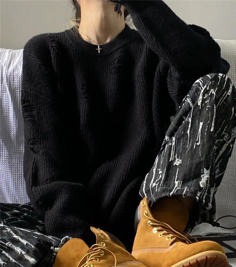 Maglione lavorato a maglia nero punk stile gotico Deeptown da donna maglione oversize con scollo a O gotico grunge moda coreana lungo_voghion.com