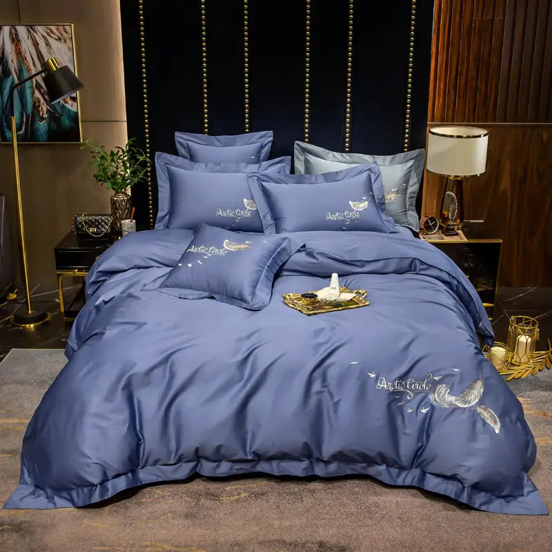 

4Pcs Blue Bed Sheet Pillowcase Duvet cover set Luxury 60S Egyptian cotton queen king double size Bedding set Bed linen