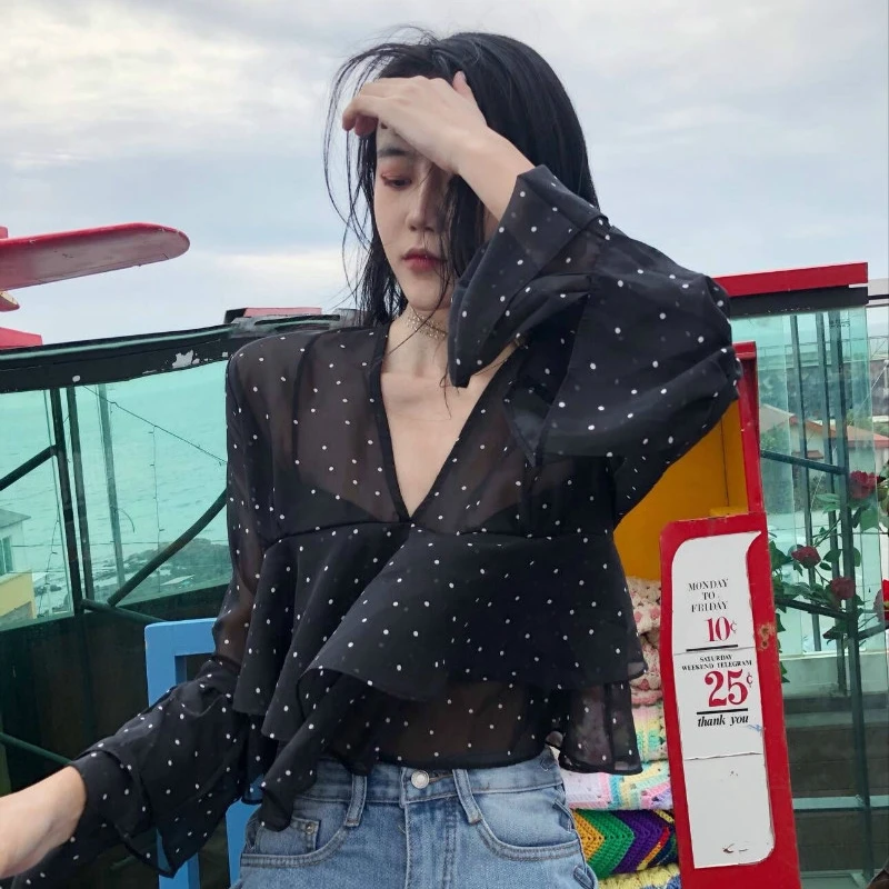 Sexy See-through Chiffon Crop Top Flare Long Sleeve Deep V-Neck Ruffle Polka Dot Print Tunic Pullover Female and Summer |