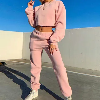 

New Casual Ladies Top Pants Sports Tracksuits Two pieces Women O Neck Long sleeve Crop tops+Elastic waist Pants Fall Clothes 3XL