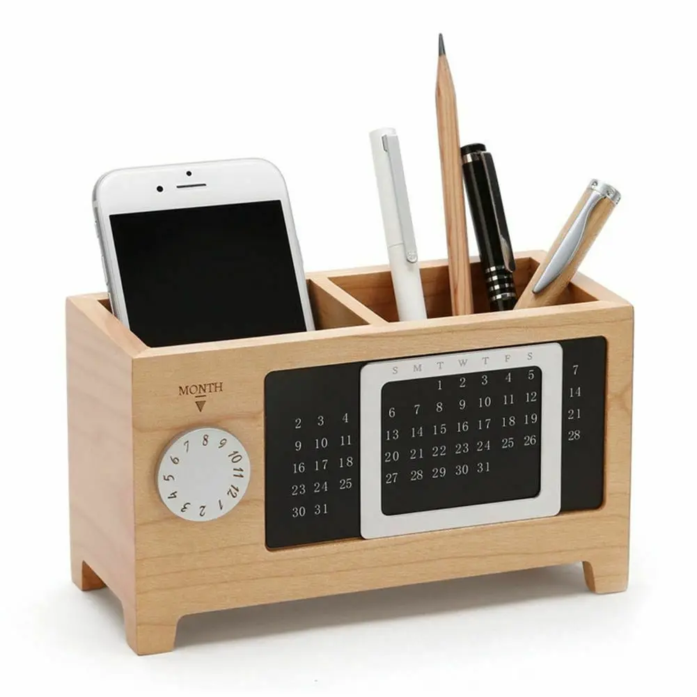 

Pen Pencil Wooden Holder With Calendar Desk Organizers 2 Grids Table Jewelry Multifunctional Pen Holder Stationery Storage Box