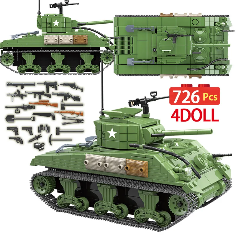 

726PCS Military Sherman M4A1 Tank Building Blocks Legoingly WW2 Tank Technic City Police Soldier Weapon 100081 Bricks Kids Toys