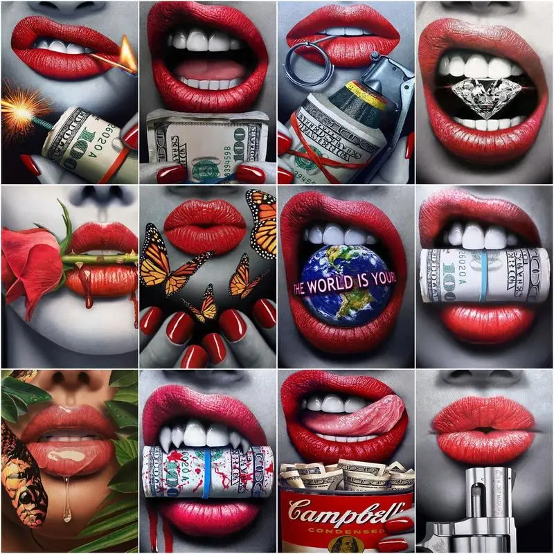 CHENISTORY DIY Frame Paint By Number Flame Red Lips Landscape For Adults Picture By Numbers Acrylic Drawing On Canvas Home Decor