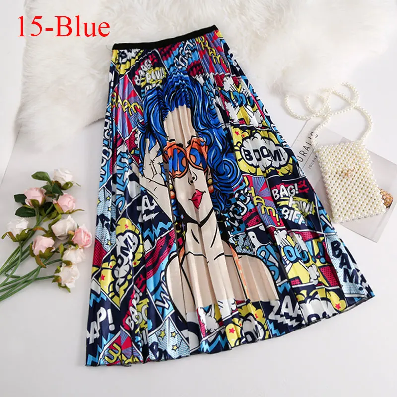 15-Blue Модная контрастная плиссированная юбка с высокой талией, Осень-зима, женские юбки с эластичной резинкой на талии, трапециевидная юбка средней длины, длинные юбки до середины икры - Цвет: 15-Blue