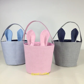 

10pcs/lot new arrival Personalized Navy Gingham Bunny Easter Bucket 3 colors bunny ear basket