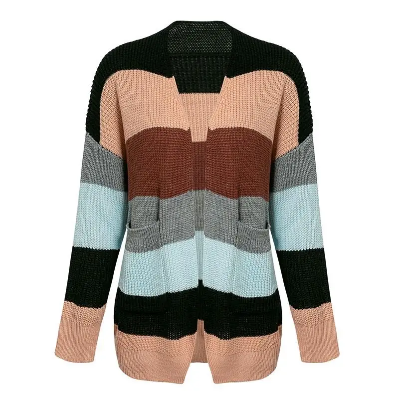 2019 Autumn Winter Hit Color Knitted Cardigans Open Stitch Female Long Sleeve Patchwork Front Striped Sweater Women Coat |