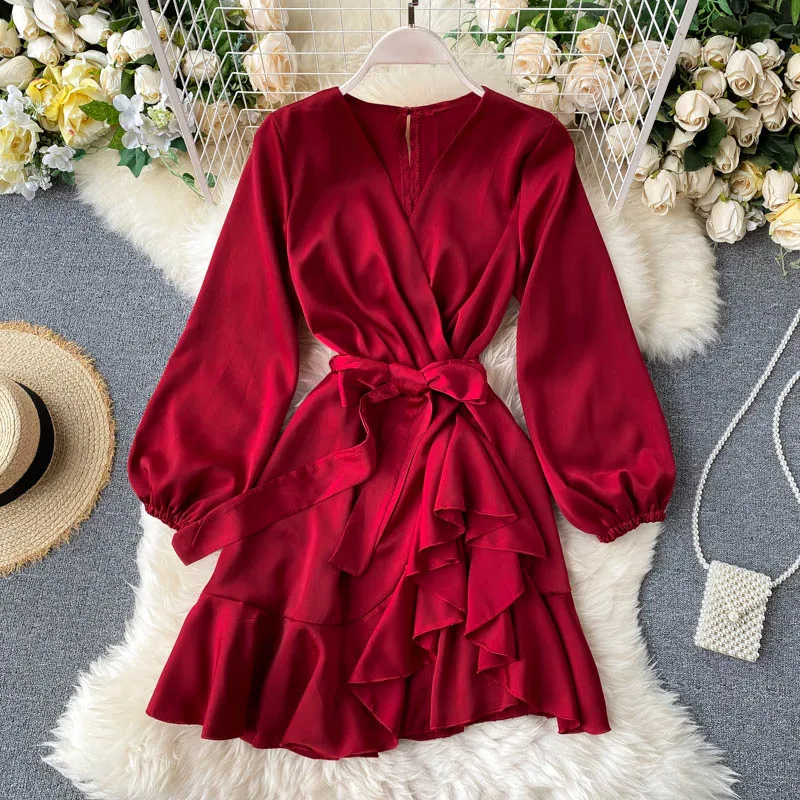 Pinkou Women Fashion Mini Dress V Neck Bow Tie Sashes Long Sleeve Ruffles Female Beach Wear Red Black Dresses Vestidos QA100 | Женская