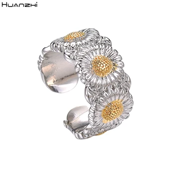 

HUANZHI 2020 New Personality Vintage Little Daisies Pattern Wide Version Couples Ring for Women And Man Party Jewelry Gift