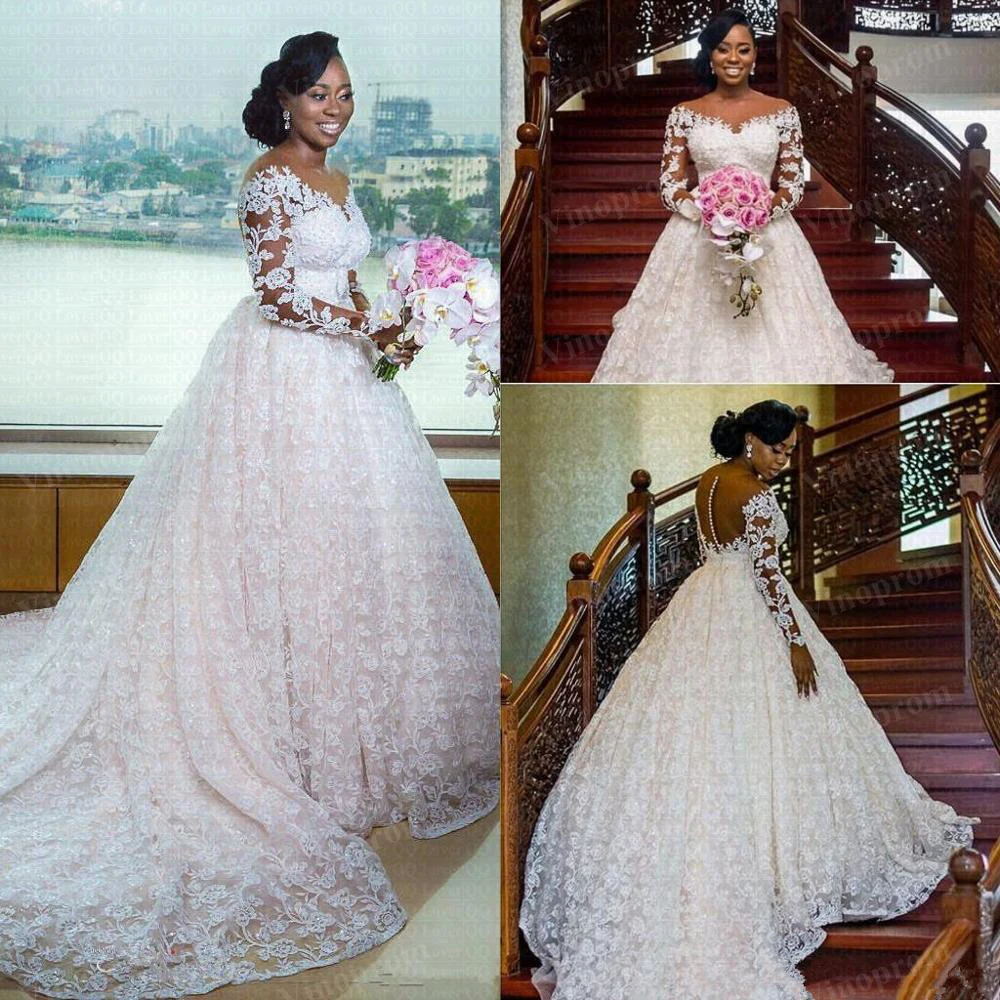 

New African Luxury Wedding Dress Scoop Neck Full Lace Pearls Beaded Long Sleeves Chapel Train Wedding Gowns