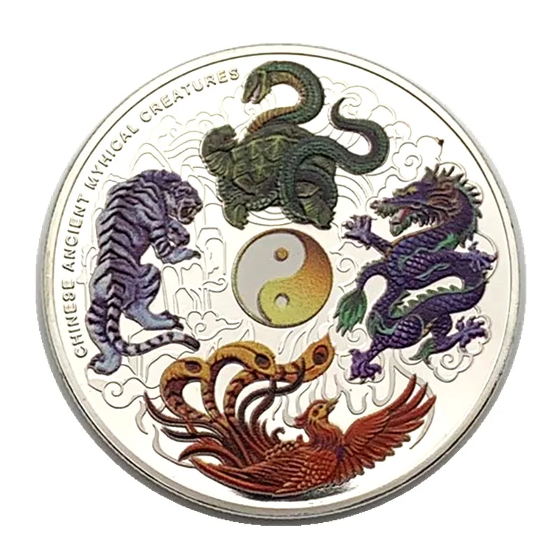 Four Great Mythical Creatures Blue Dragon Phoenix White Tiger Black Turtle Elizabeth II Head Silver Plated Commemorative Coin | Дом и сад