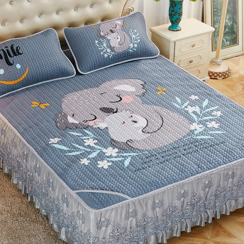 

Tencel Summer Mat Bed Skirt Three-Piece Bedspread Bed Cover Ice Silk Non-Slip Single Piece with Lace Lace Lace