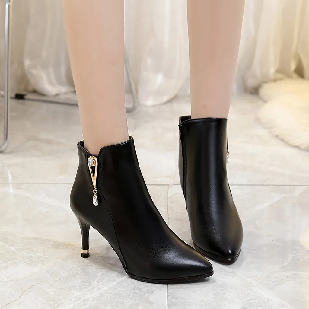 Женские ботинки на тонком каблуке в стиле ретро; однотонные ботинки из искусственной кожи с острым носком на молнии; chaussures femme Buty Damskie scarpe donna; осенние ботинки