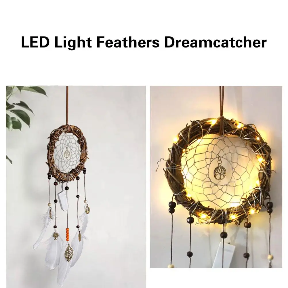 

Dream Catcher Light Retro Rattan Circle Wall Hanging Warm Light Small Night Light For Birthday Wedding Christmas Decoration