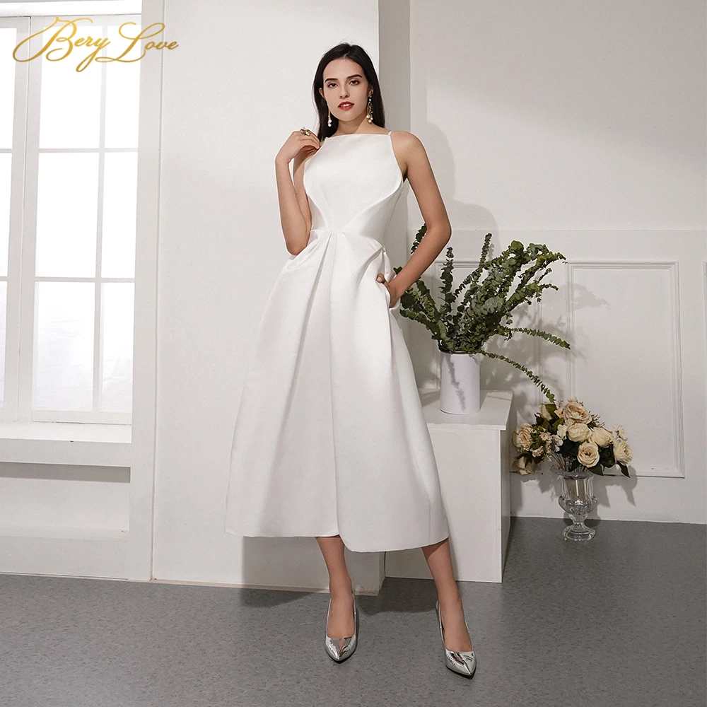 

Berylove A Line Evening Dresses Ivory Elegant Satin Prom Dresse Christams Party Gown Robe De Soiree Tea Length celebrity dresses