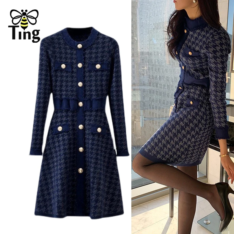 Tingfly Women Winter Autumn Knitted Dress Houndstooth Button Decor Skinny Lady A Line Knitwear Casual Mini Short Vestidos | Женская