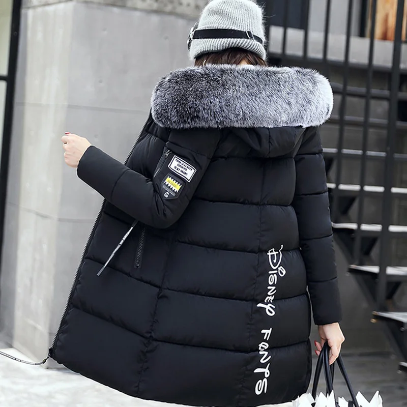 Voobuyla, зимнее женское пальто с капюшоном, меховой воротник, Толстая теплая длинная куртка для женщин размера плюс 3XL, верхняя одежда, парка, Chaqueta Feminino - Цвет: black