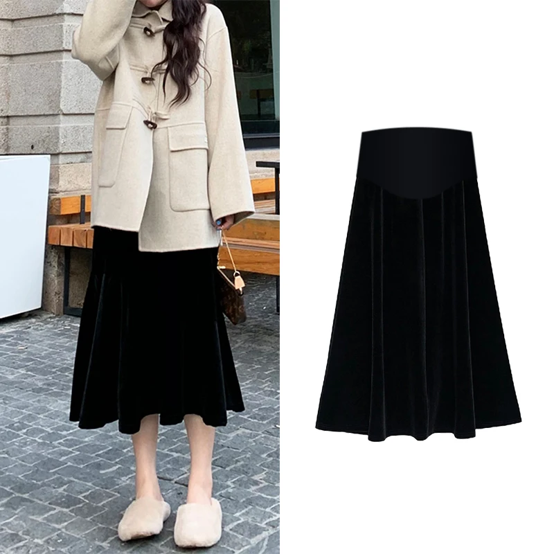 6136# Autumn Winter Black Velvet Maternity Skirts Elastic Waist Belly A Line Skirt Clothes for Pregnant Women Chic Ins Pregnancy