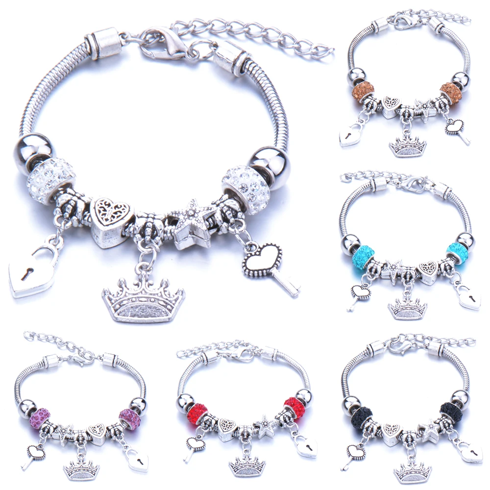 Antique Original Crown key lock Shape 6 colors Charm Bracelets For Women Glass Beads Brand Bracelet & Bangle DIY Jewelry Gifts