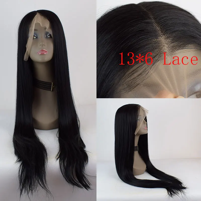 BM черные синтетические волосы 13*6 парик фронта шнурка прямые Термостойкие волокна волос естественная линия волос средний пробор для женщин парики