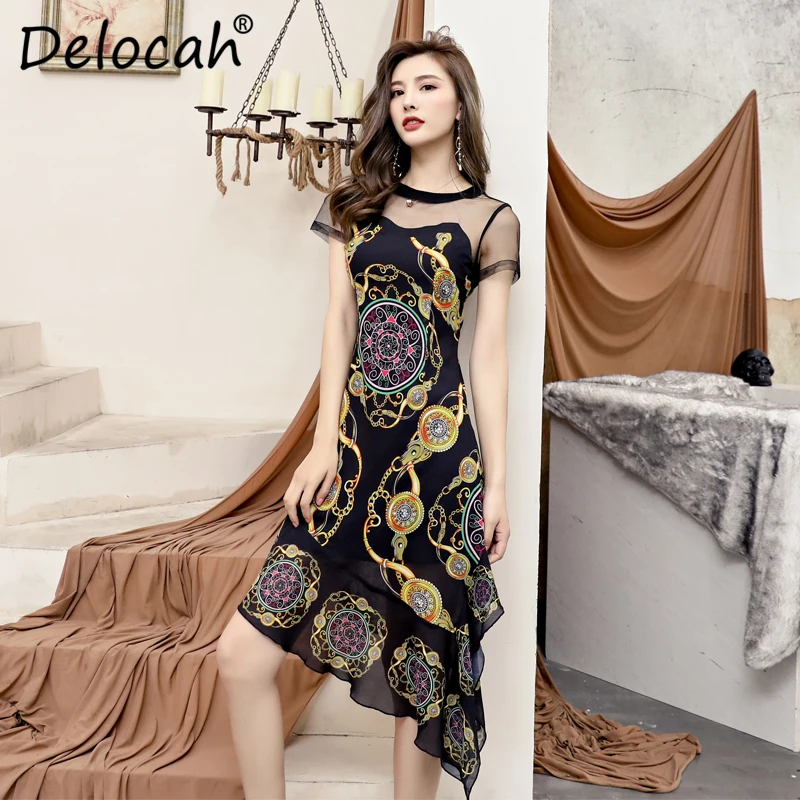 Delocah, модное летнее платье для подиума, женское платье с коротким рукавом, Сетчатое платье с высокой талией, элегантное винтажное ассиметричное миди, платья