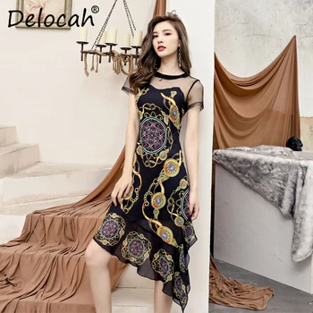 

Delocah Runway Fashion Summer Dress Women's Short Sleeve Print Mesh Splice High Waist Elegant Vintage Asymmetrical Midi Dresses