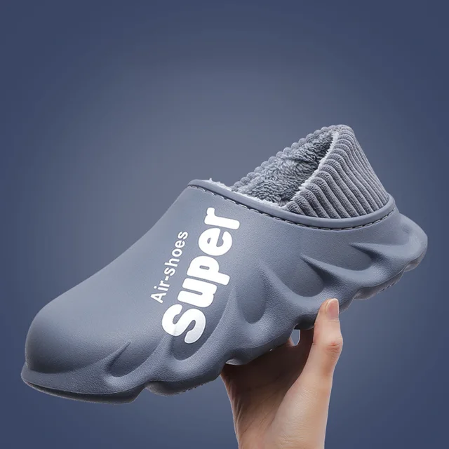 2021 New Winter Slippers Warm Men Shoes Waterproof Women Couples Non-Slip Plush Cotton Indoor Outdoor Cozy Home Autumn Thick Hee Dark Blue
