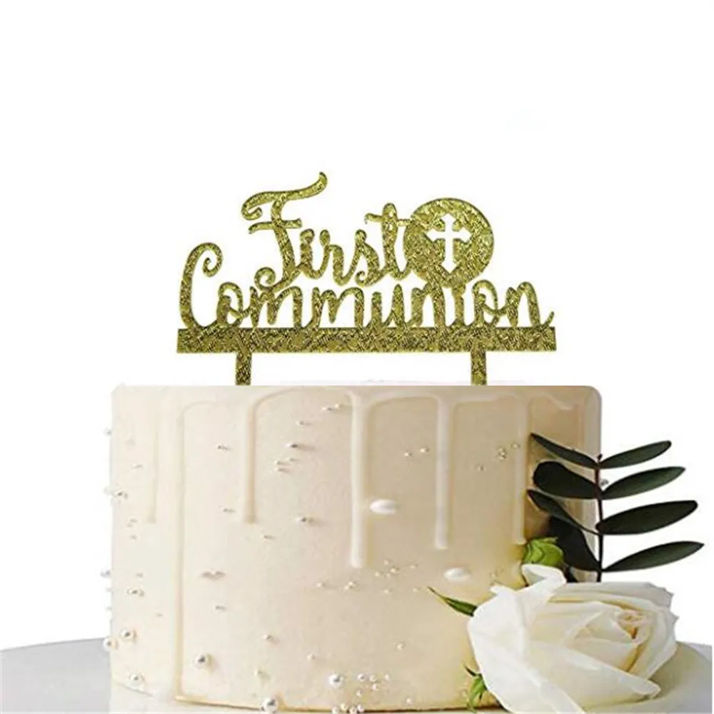 Glitter Gold First Communion Cake Topper Acrylic Baby Baptism Christening Religious Party Decorations God Bless Toppers | Дом и сад