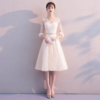 

Champagne Womens V-Neck Short Lace Party Dress Evening Banquet Elegant Prom Mesh Dress Flare Sleeve Gown Vestido XS-XXL