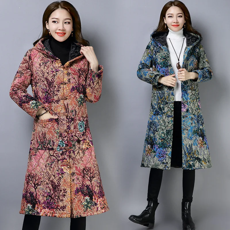 

[Cotton Linen Cotton-padded Clothes] 2019 Autumn And Winter New Style Retro-Style Cotton Linen Printed Cotton Coat Thick Hooded