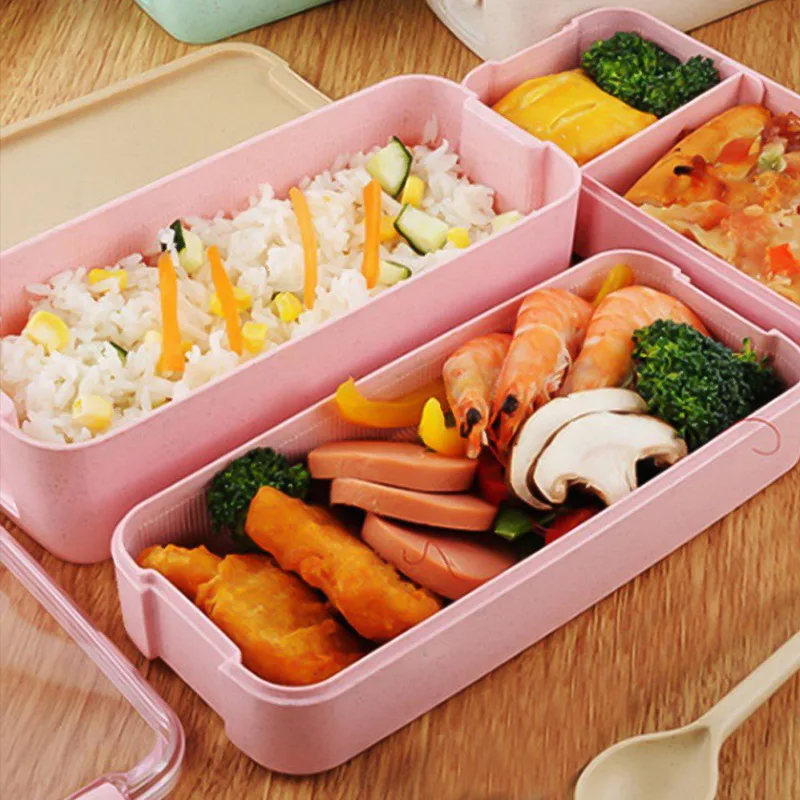 2 слоя японский контейнер для хранения пищи Пшеничная солома Bento Ланч-бокс для школьников герметичная микроволновая посуда Ланч-бокс