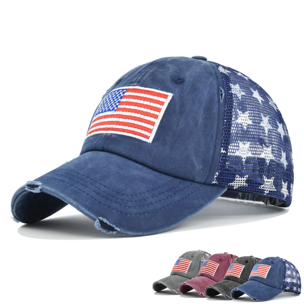 

NEW Summer Washed Baseball Cap Breathable Wicking Mesh Visor Ventilation Adjustable American Flag Sun Hat Star fashion mesh caps